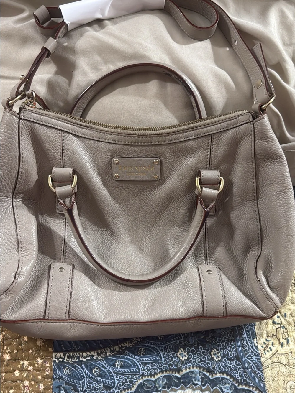 kate spade taupe pebbled leather satchel with gold hardware